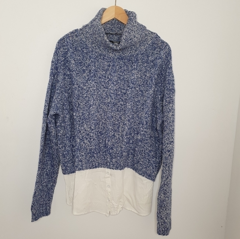 Kensie Turtle Neck Knit Blue & White Women Twofer Sweater Size M